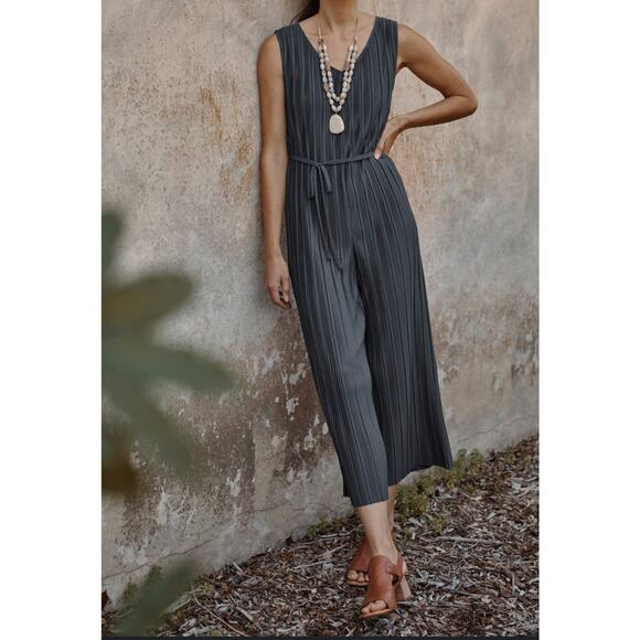 Pure Jill Elements Romper Womens 3X Gray Pleated Jumpsuit Wide Leg V-Neck Belted - Picture 2 of 12